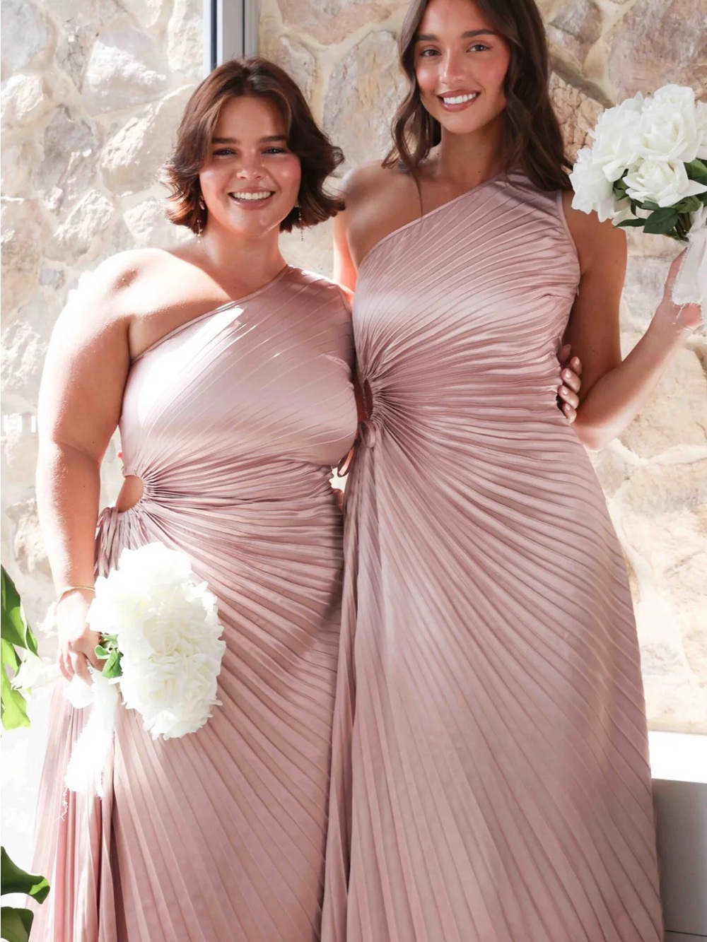By Amica: Pleated One-Shoulder Satin Evening Gown in Dusty Pink - NWT